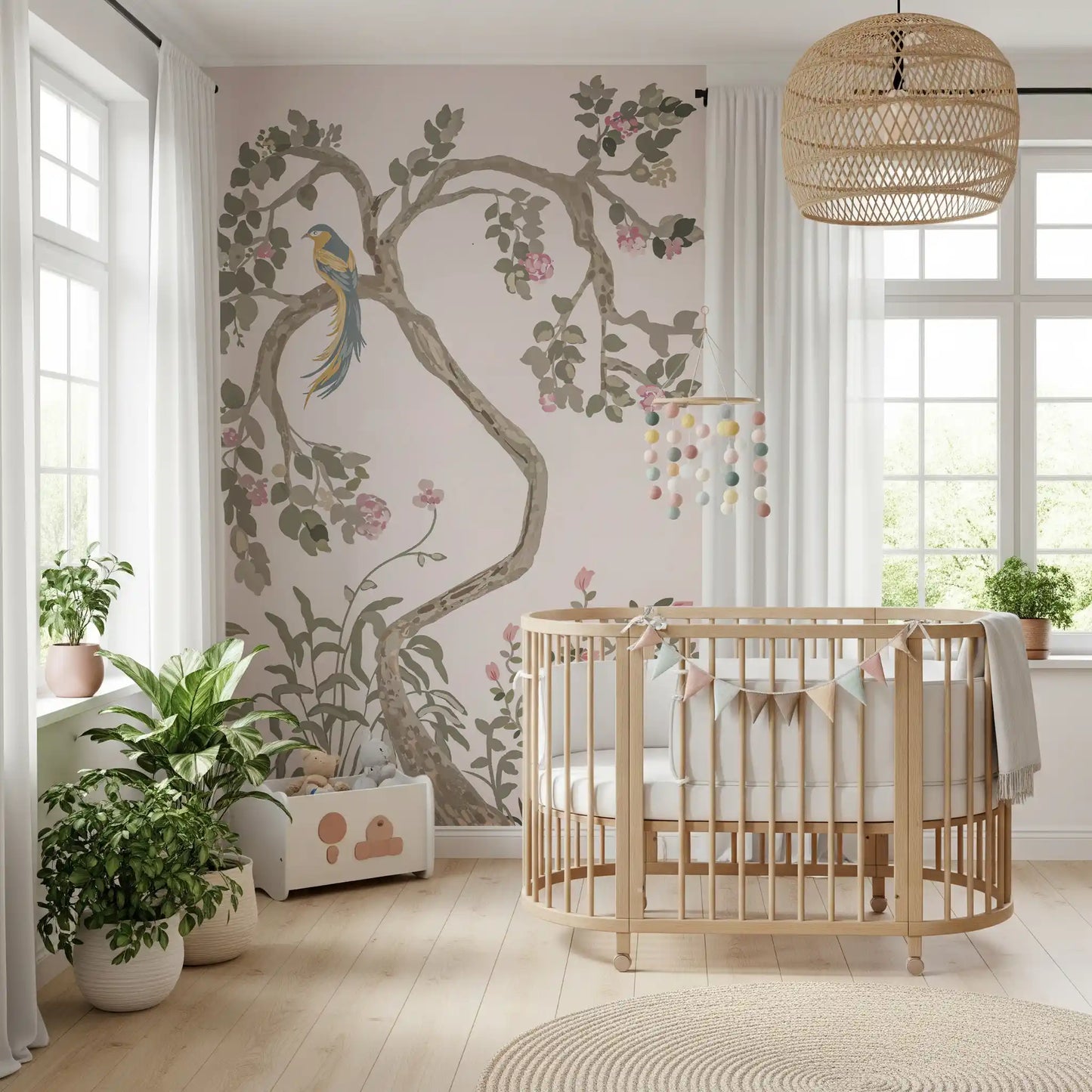 Wildflowers and leaf clusters winding up a chinoiserie birds wall mural panel