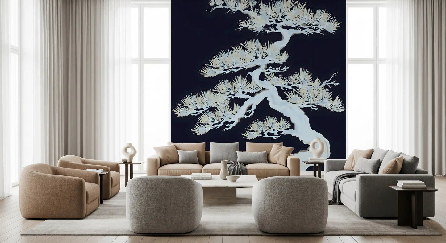 Japanese Matsu Pine Silhouette wall mural on navy blue, white needle clusters