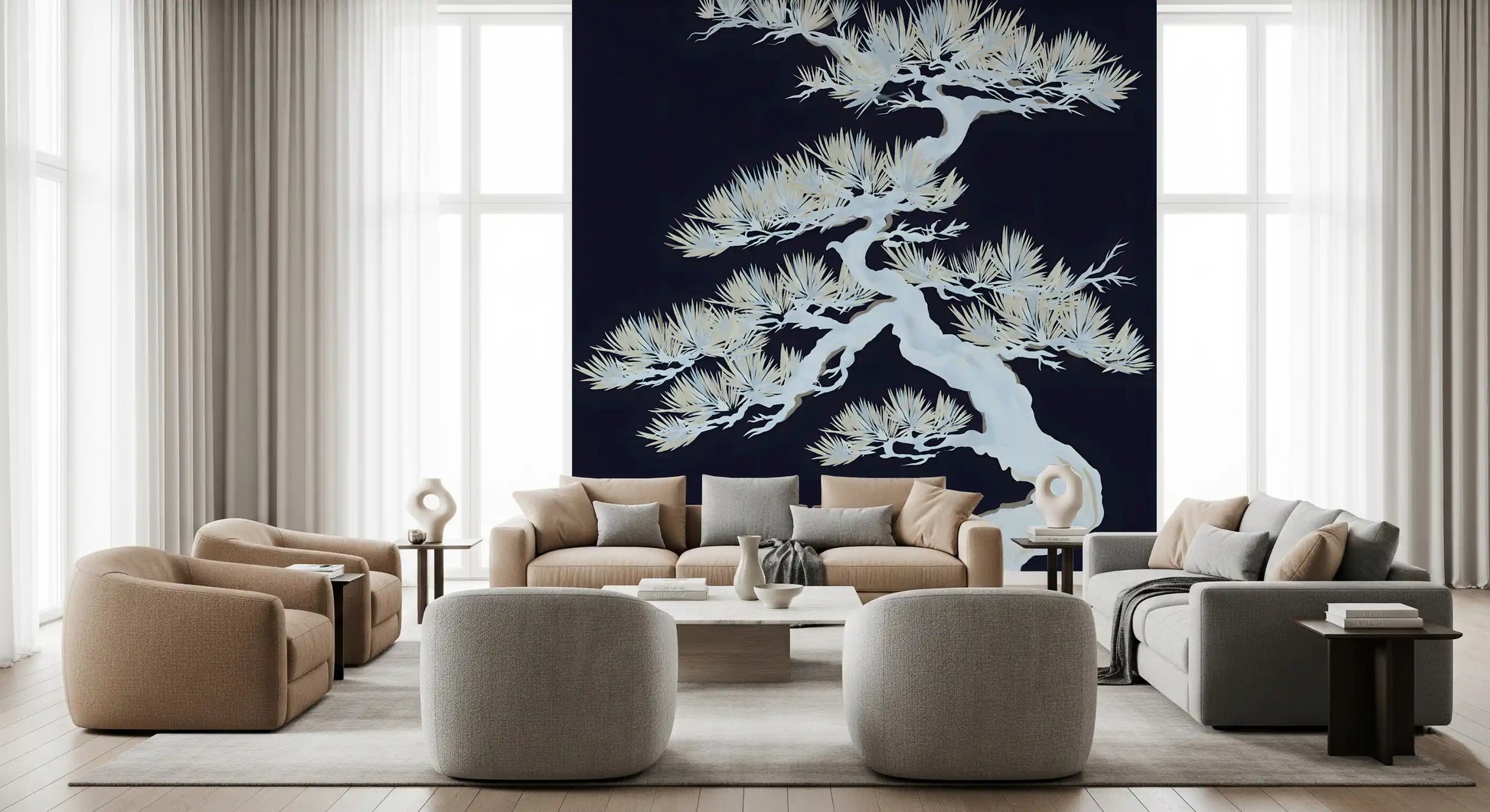 Japanese Matsu Pine Silhouette wall mural on navy blue, white needle clusters