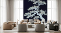 Japanese Matsu Pine Silhouette wall mural on navy blue, white needle clusters