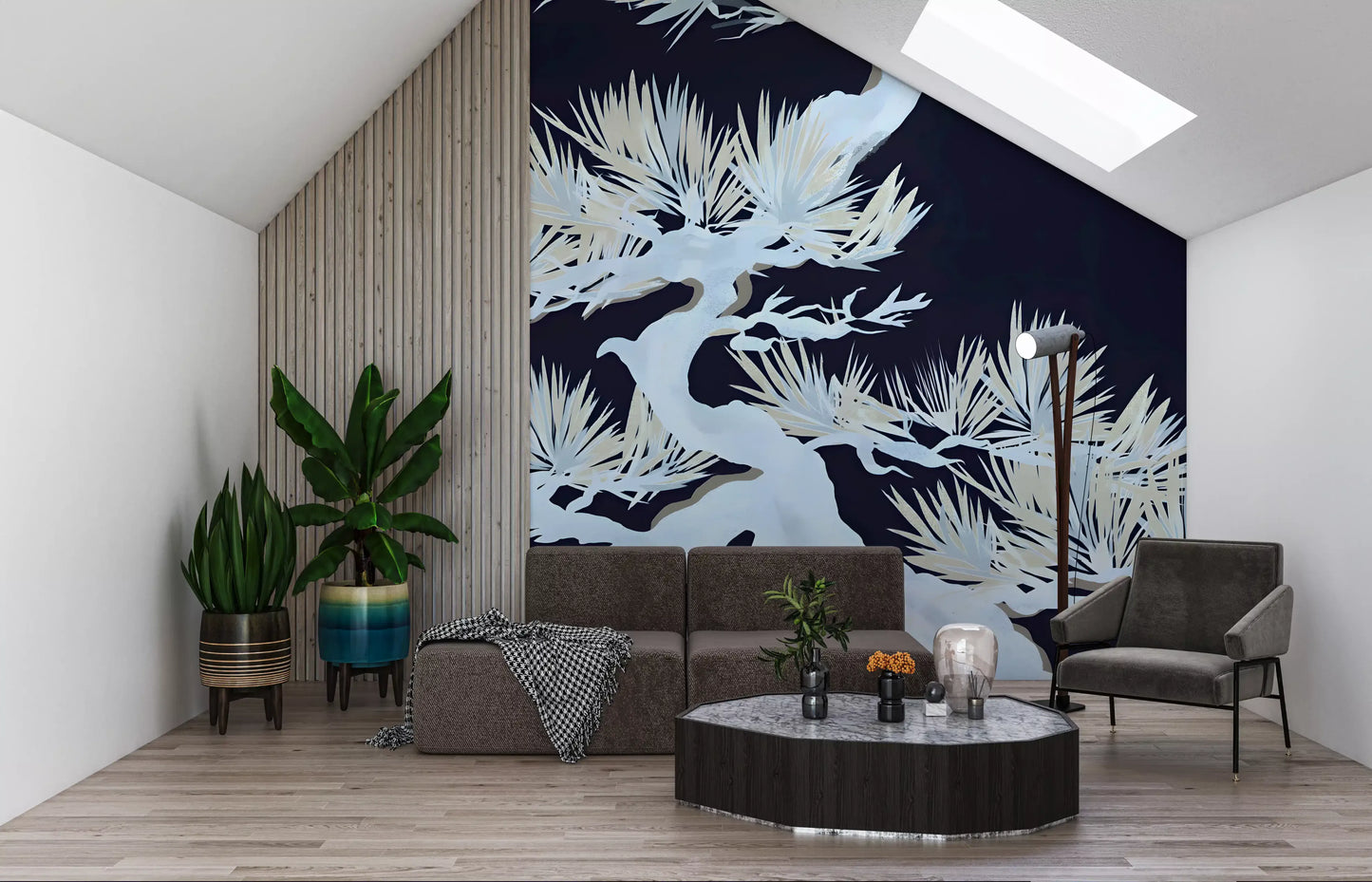 Japanese pine bonsai wall mural in a Living room, white branches on midnight blue
