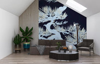 Japanese pine bonsai wall mural in a Living room, white branches on midnight blue