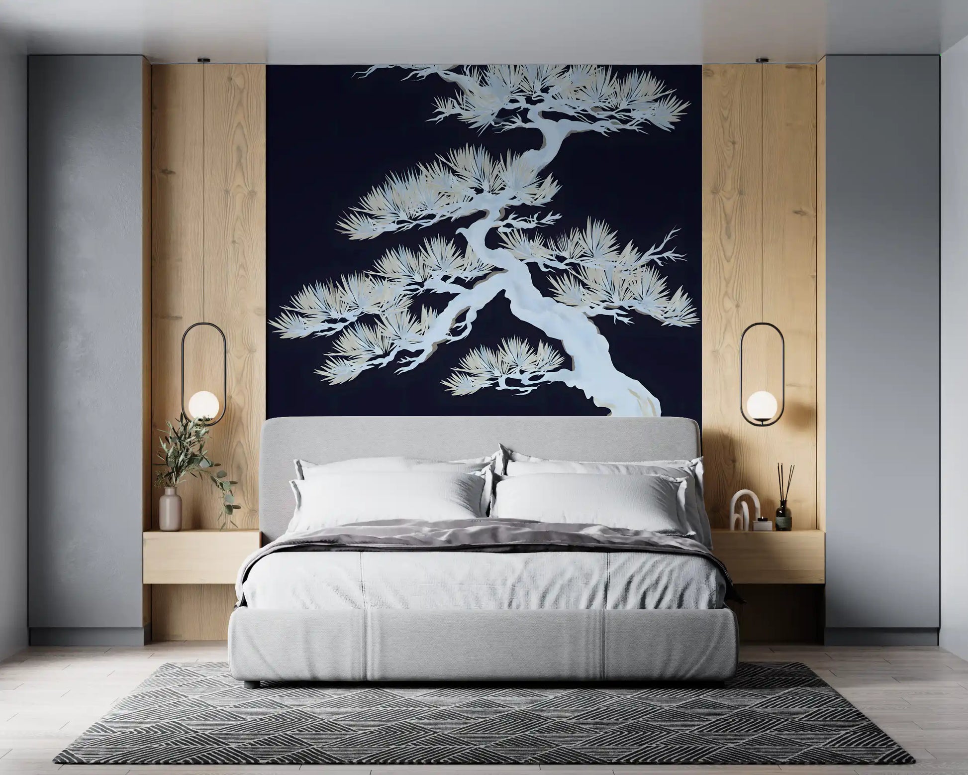 Fine needle branches of an ethereal pine tree on this wall mural 