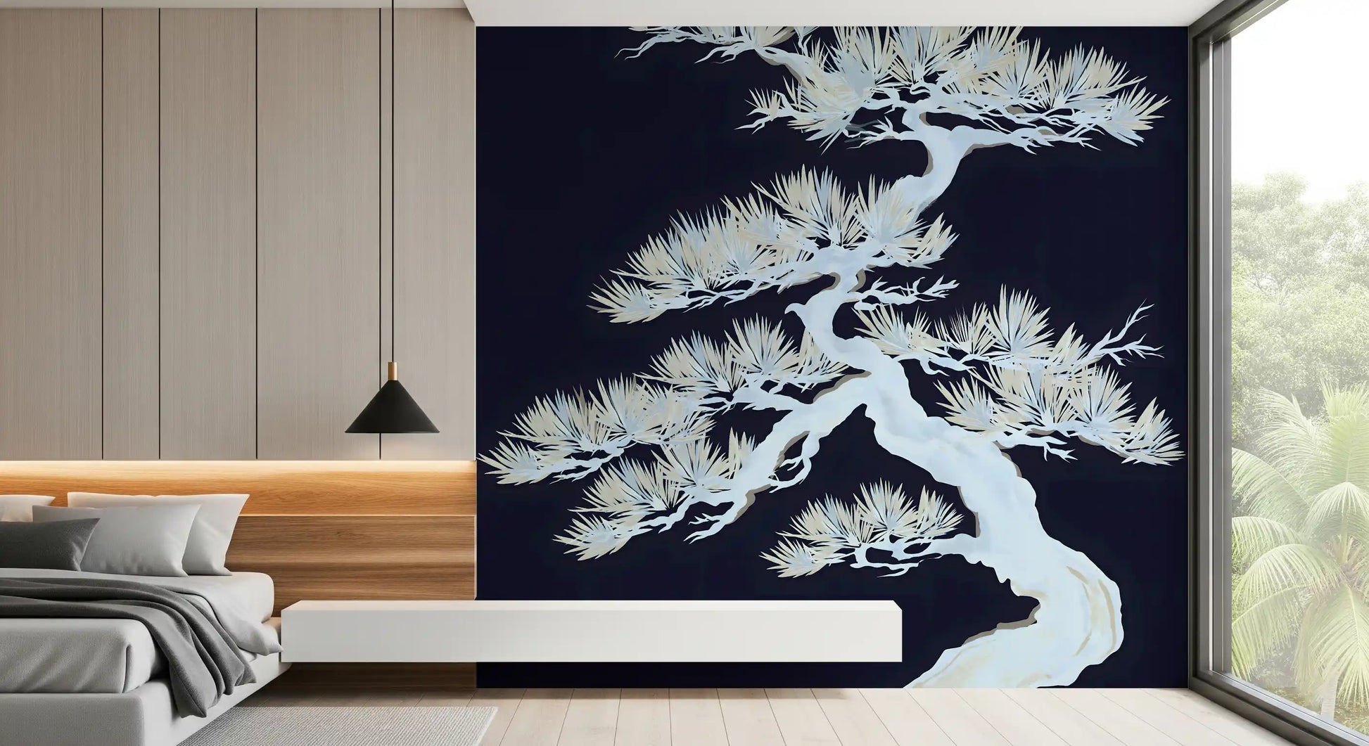 Tall bonsai pine wall mural anchoring a bedroom in deep navy
