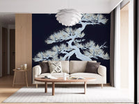 Pale pine silhouette wall mural, adding depth to a lounge wall with navy blue
