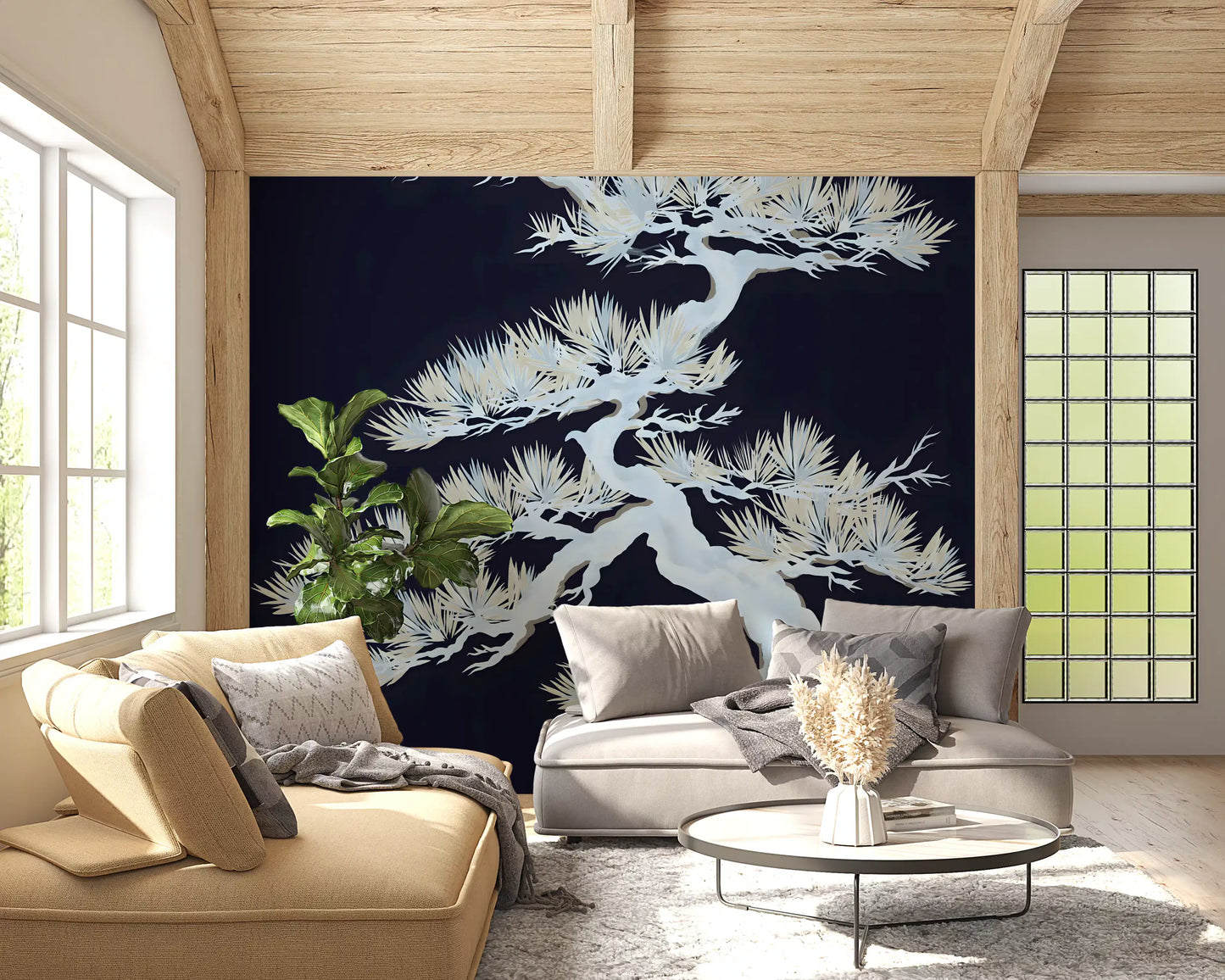 Ivory pine silhouette wall mural with gnarled trunk on deep midnight navy