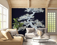 Ivory pine silhouette wall mural with gnarled trunk on deep midnight navy