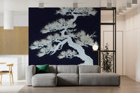 Ethereal pine tree wall mural set in a hallway, navy blue and white contrast
