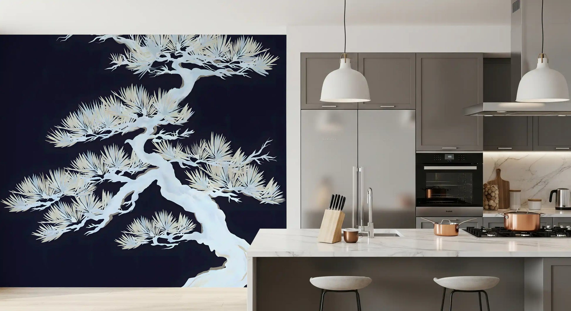 Wind-swept Matsu Pine wall mural showing a white bonsai against navy blue