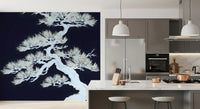 Wind-swept Matsu Pine wall mural showing a white bonsai against navy blue