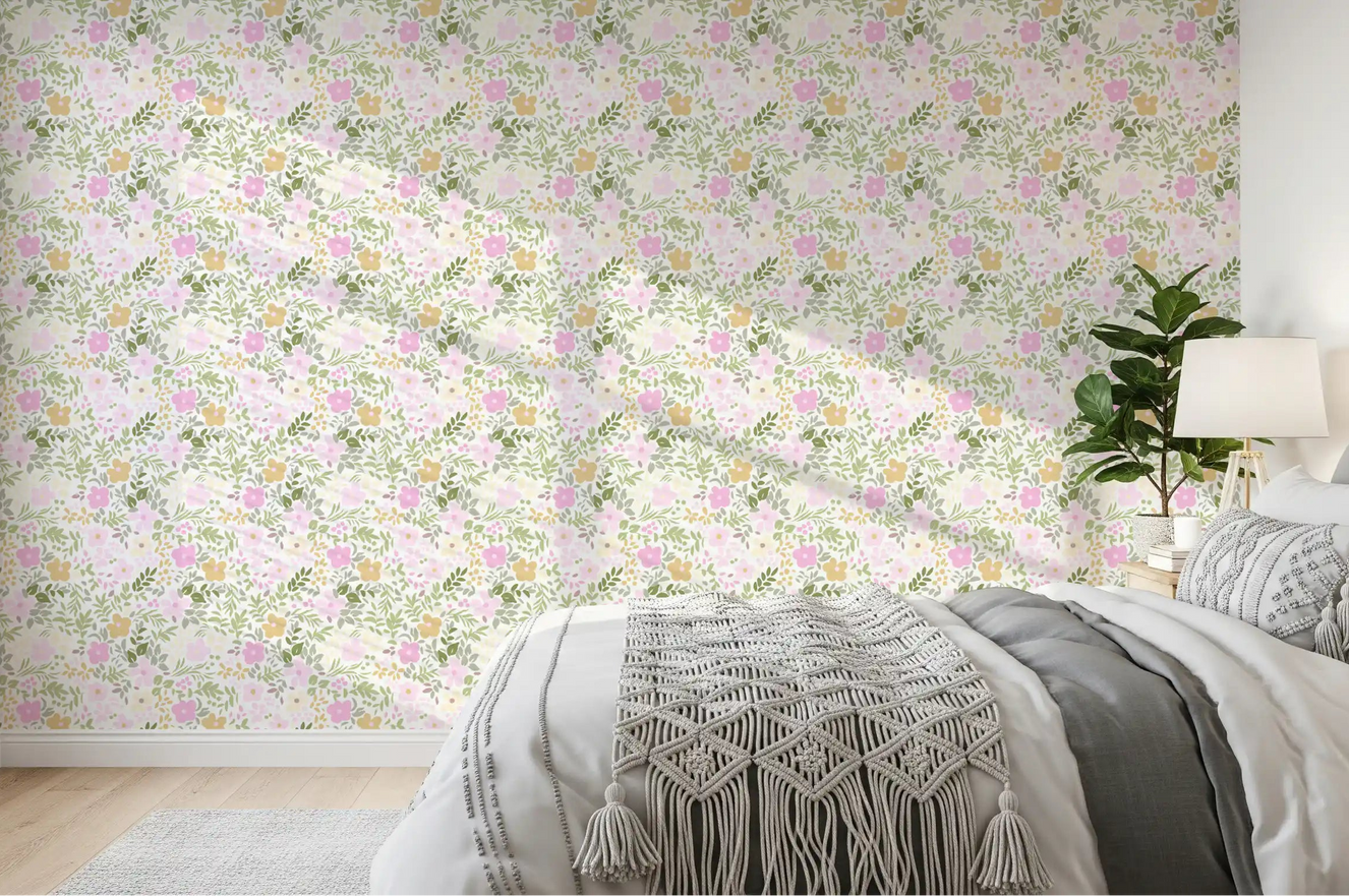 Dreamy Wildflower Meadow wall mural covering a bright open living room