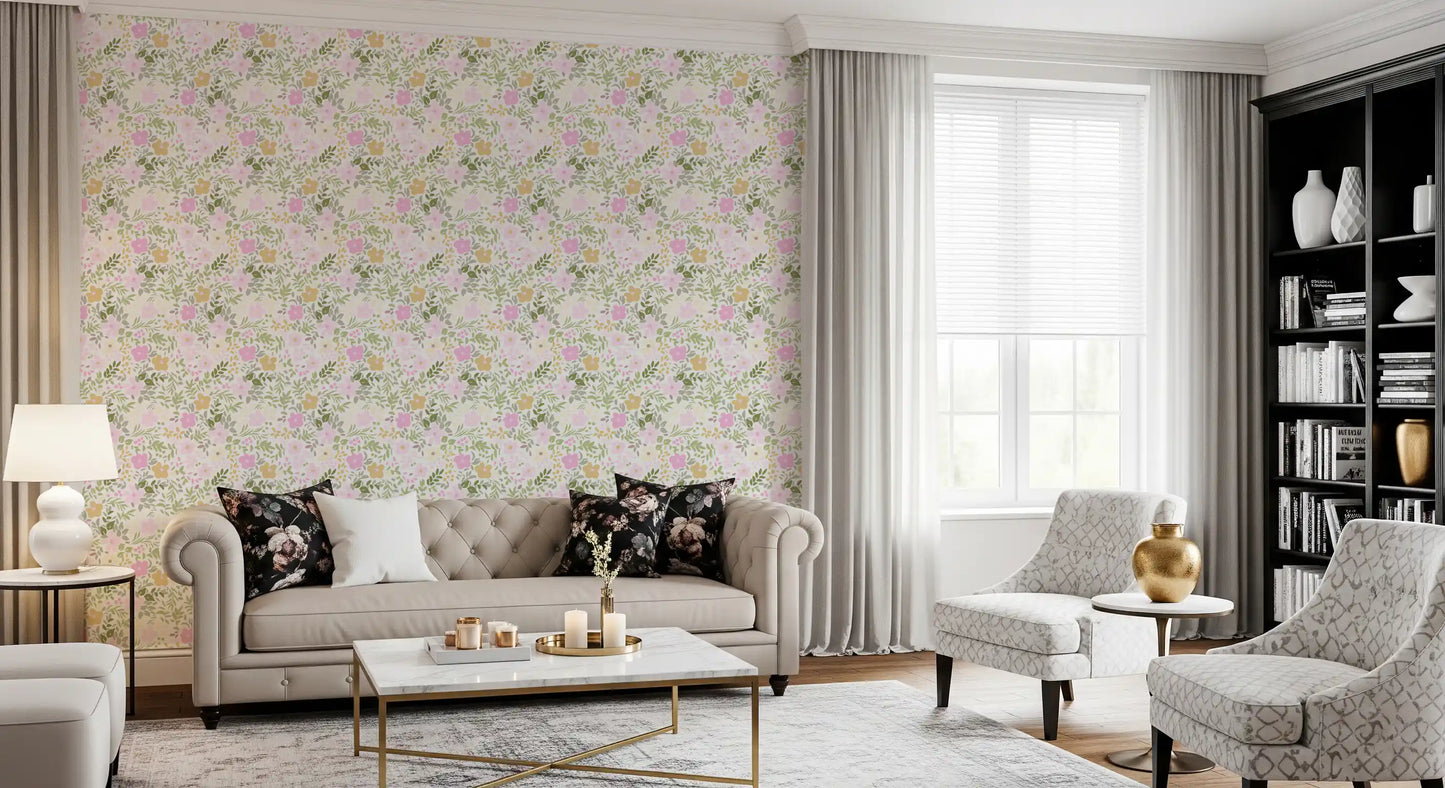 Hallway space area in spring blossom flowers seamless wallpaper
