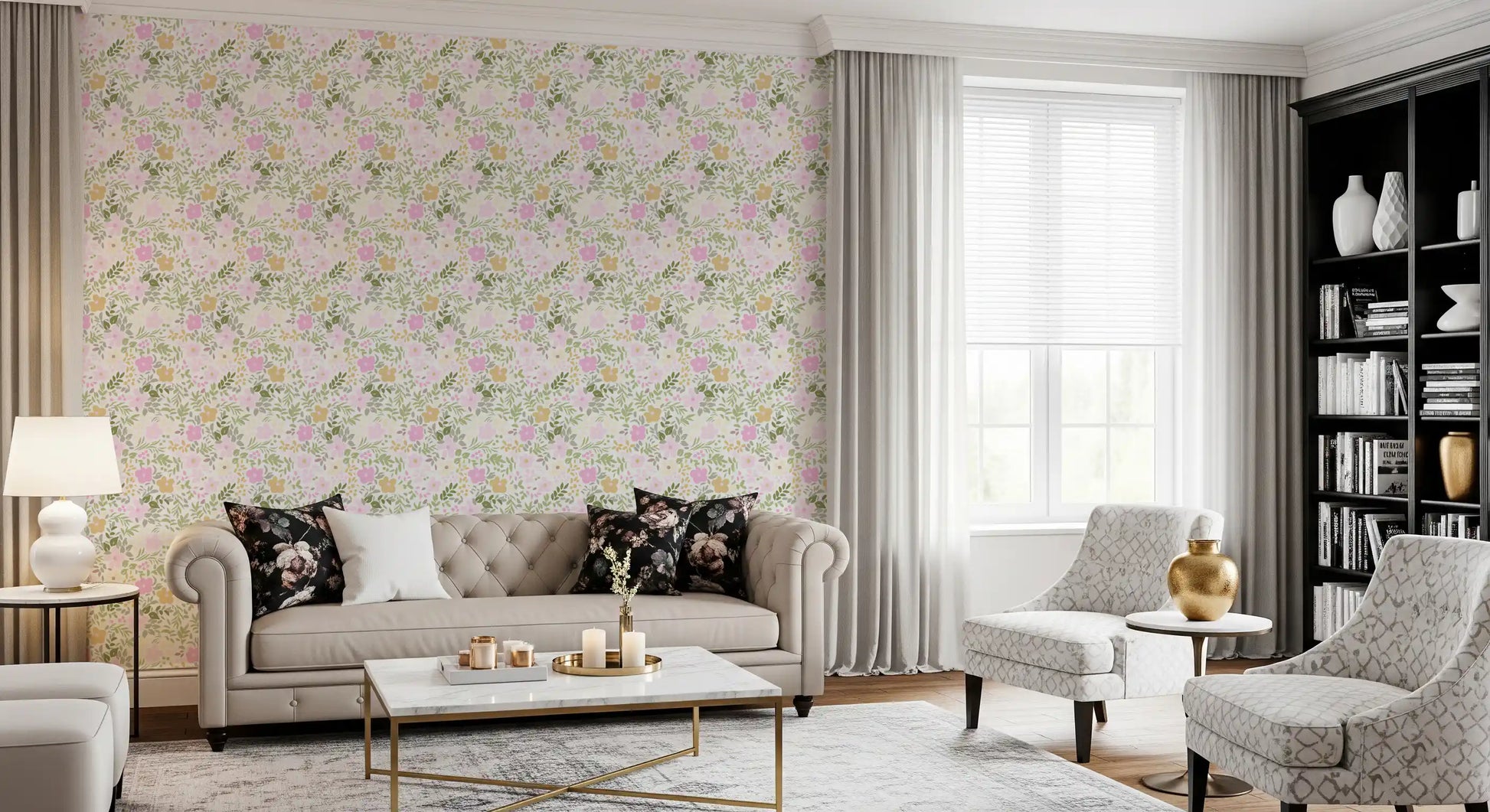 Hallway space area in spring blossom flowers seamless wallpaper
