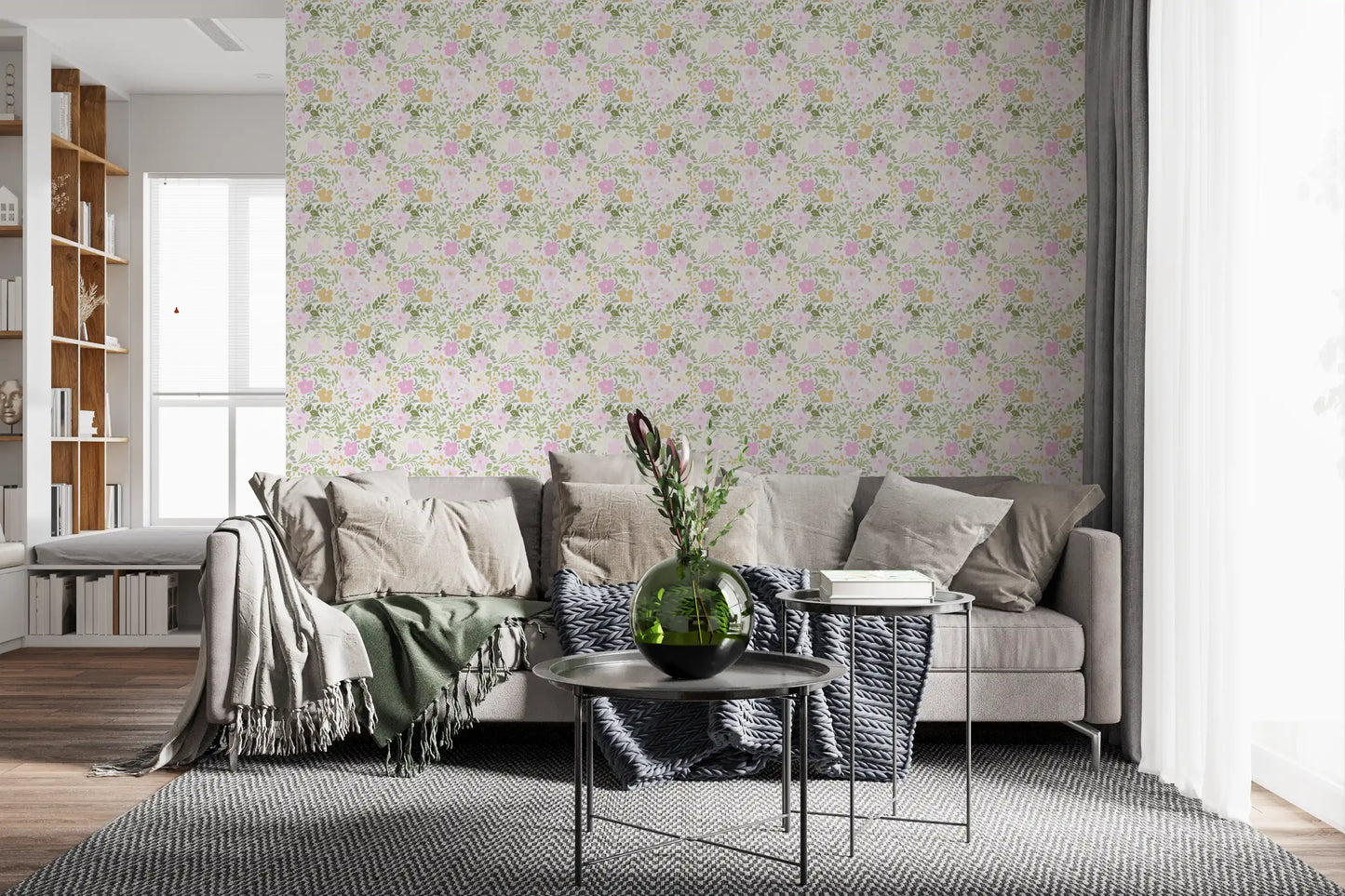 Neutral living room with warm floral repeat wallpaper on the main 