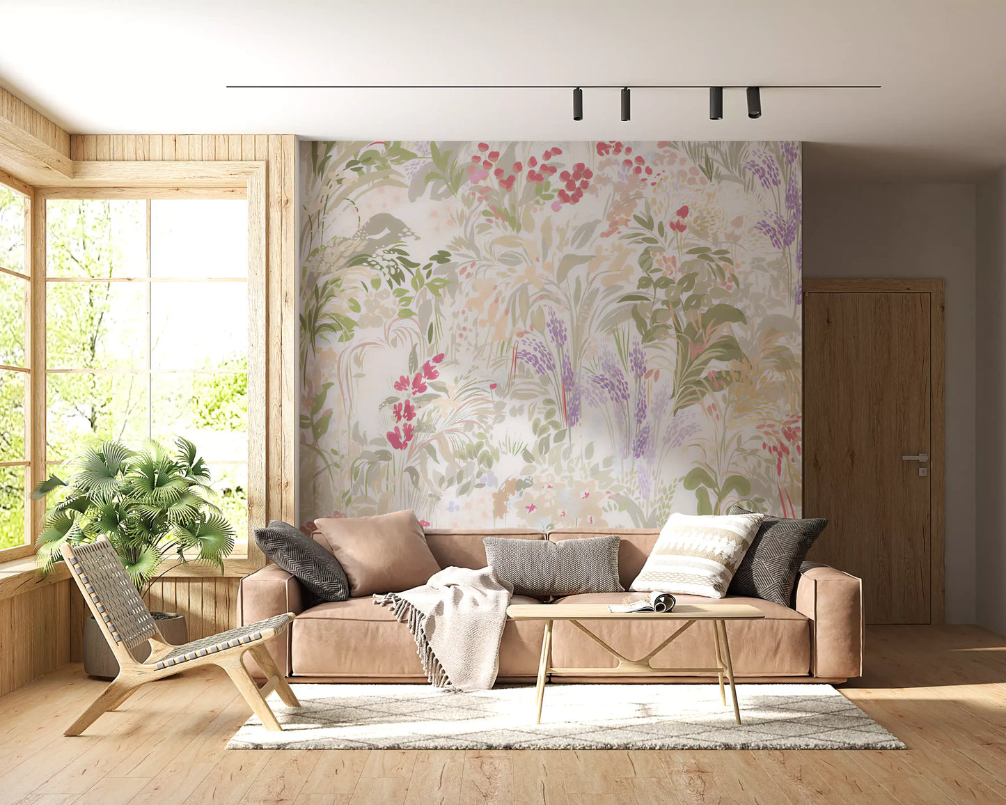 Full-coverage wildflower wall mural spanning the complete lounge