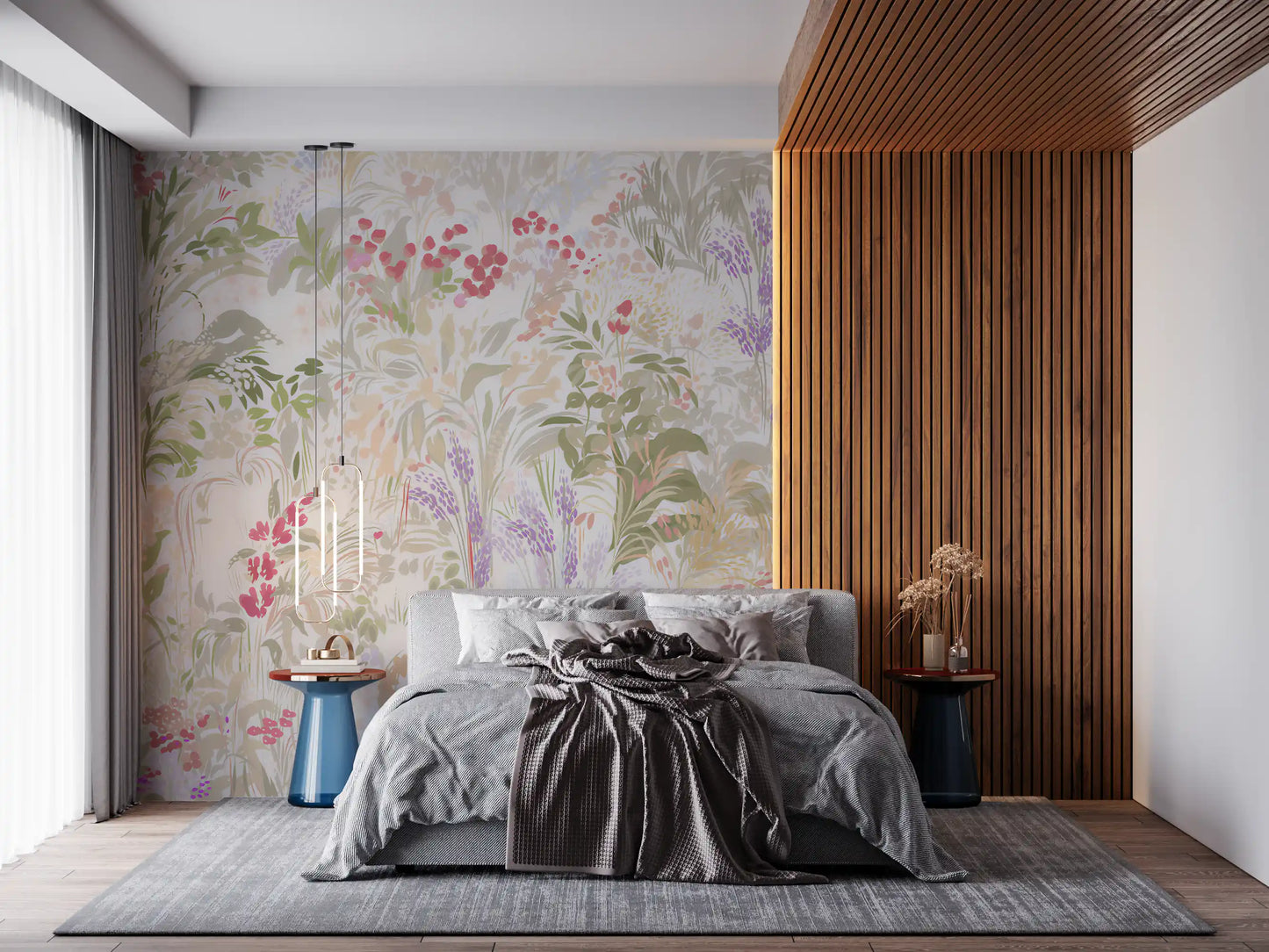Blush pink and crimson berry clusters across the wildflower meadow wall mural