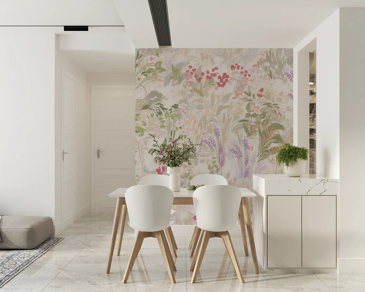 Dreamy Wildflower Meadow wall mural covering a bright open Dining room