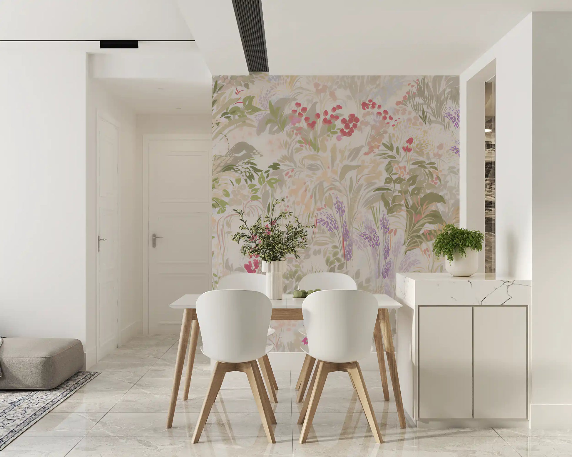 Dreamy Wildflower Meadow wall mural covering a bright open Dining room
