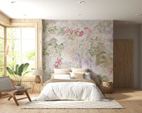 Layered wildflower wall mural in full scale across a calm bedroom