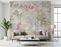 Pastel meadow wall mural displayed across the full dining room