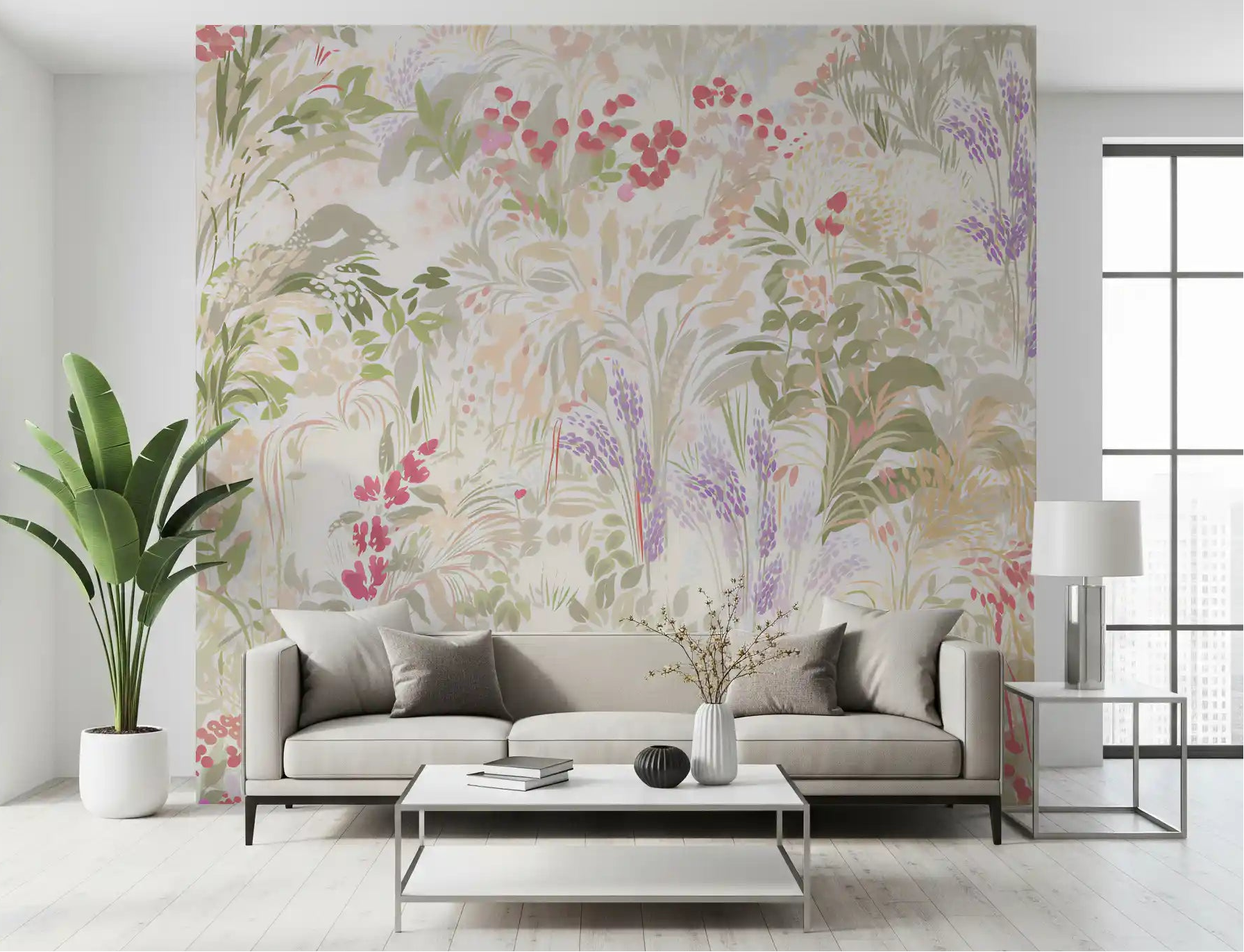 Pastel meadow wall mural displayed across the full dining room