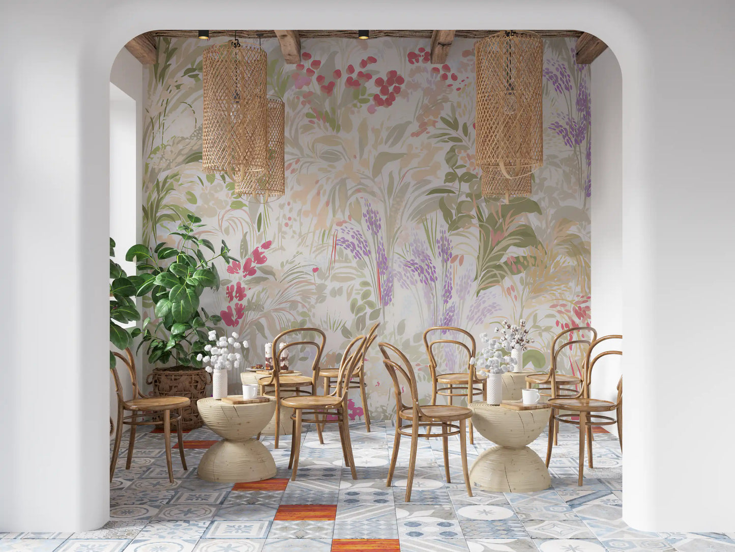 Romantic Wildflower Meadow wall mural covering the complete Café area 