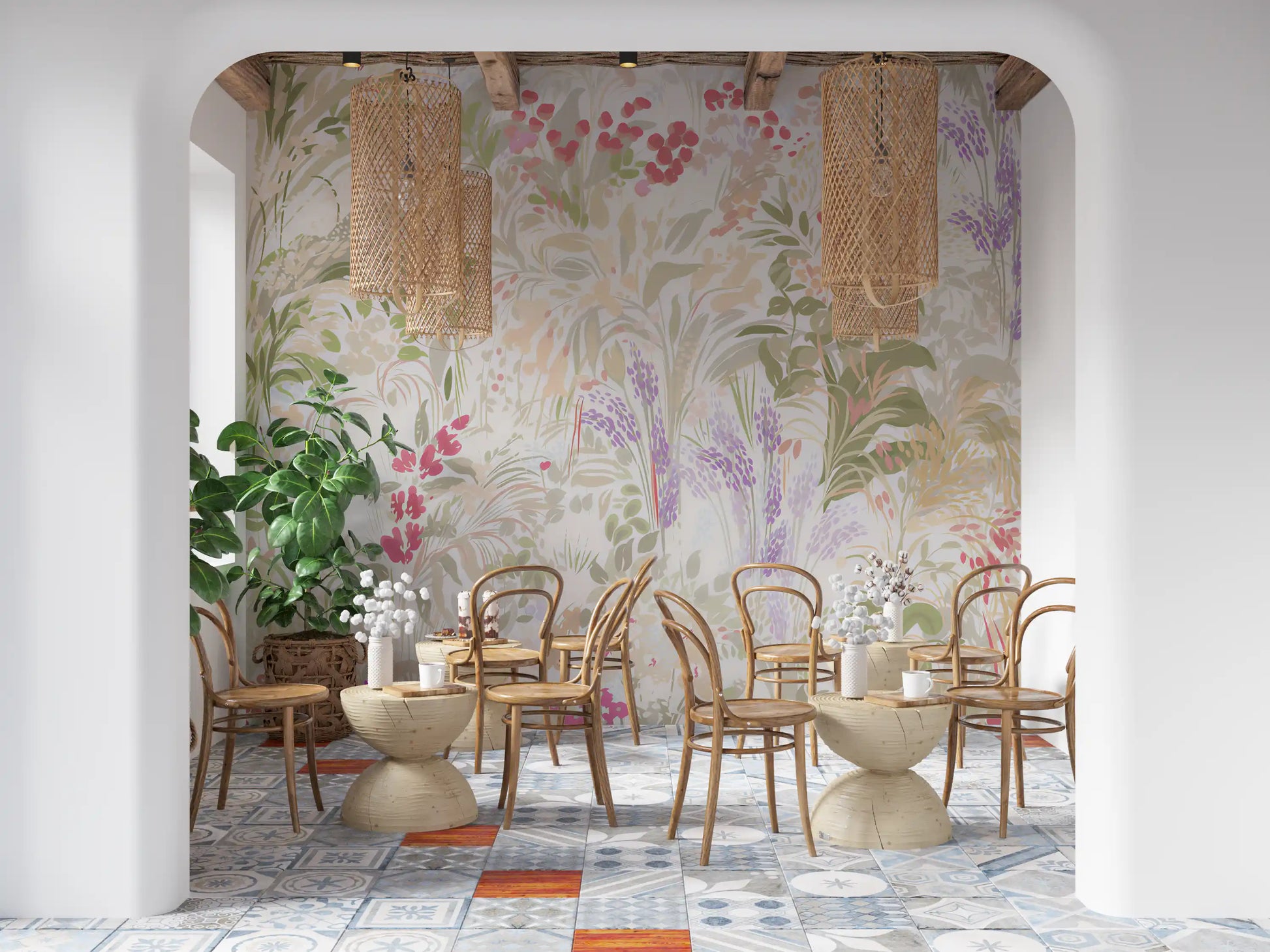 Romantic Wildflower Meadow wall mural covering the complete Café area 