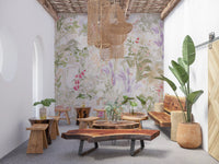 Crimson, lavender, and sage stems across the pastel meadow wall mural
