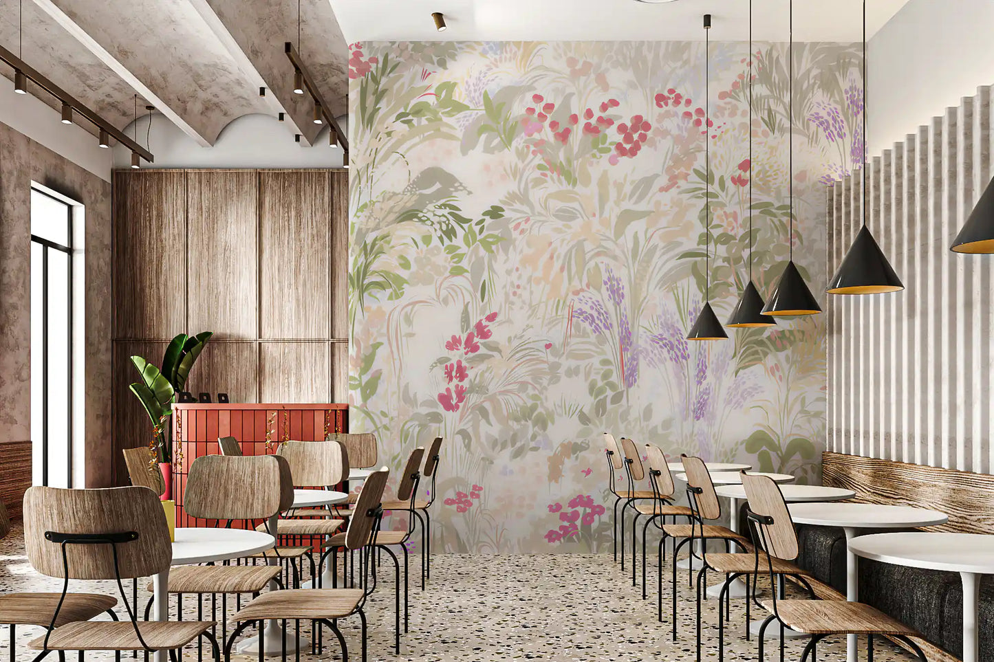 Botanical meadow wall mural covering the complete café dining space