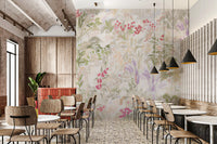Botanical meadow wall mural covering the complete café dining space