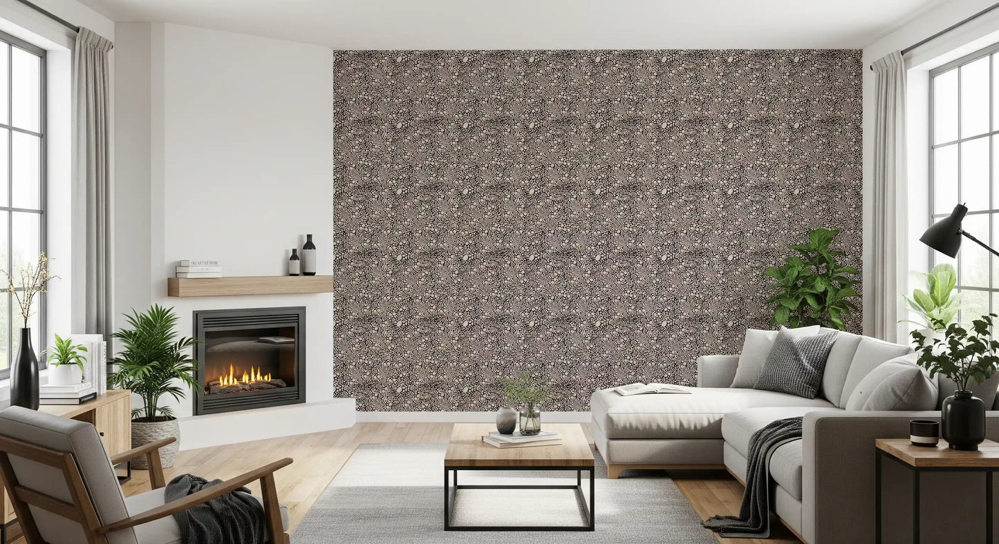 Rustic pebble mosaic wallpaper applied across the living room in organic ivory tones
