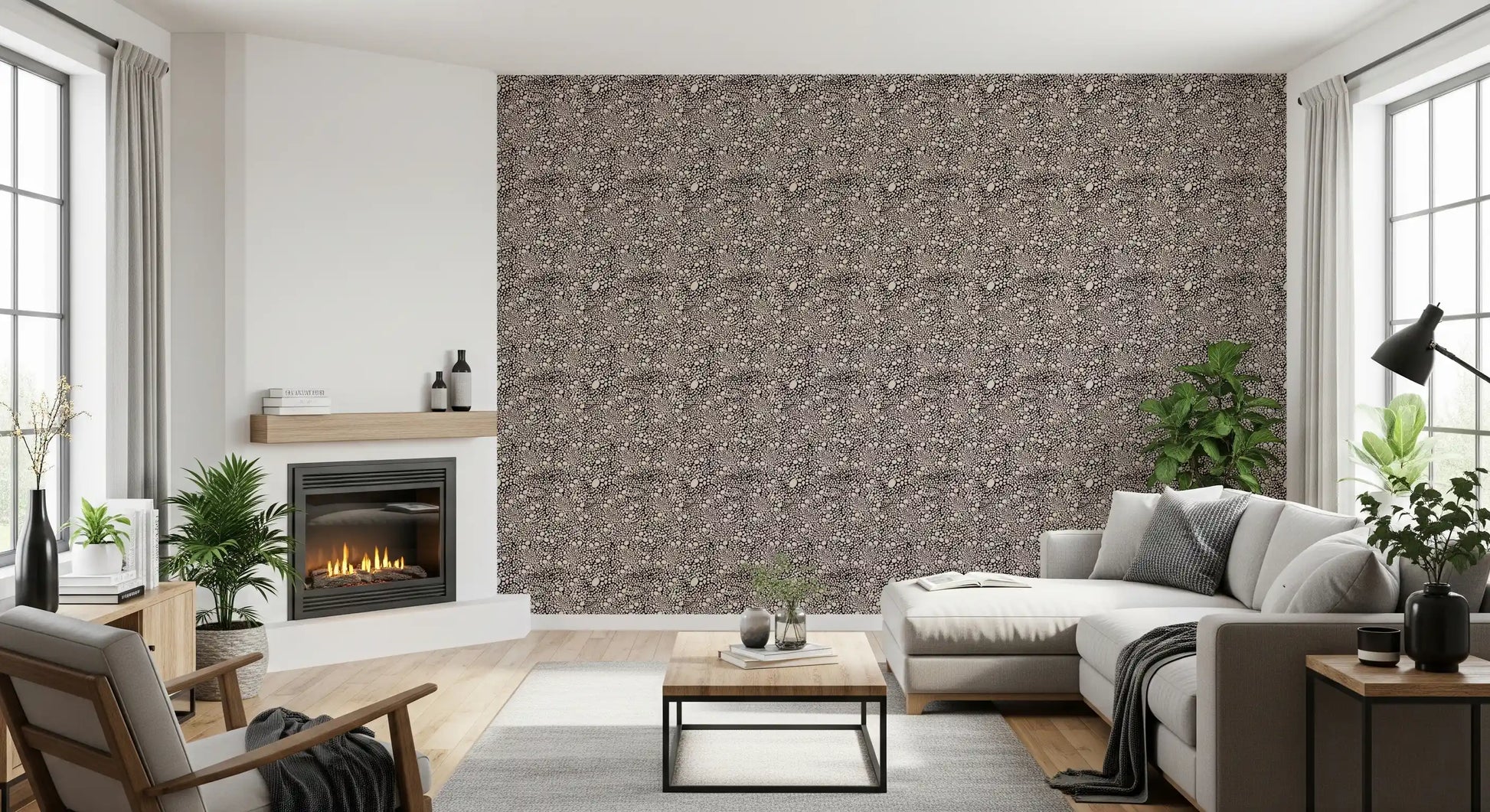 Rustic pebble mosaic wallpaper applied across the living room in organic ivory tones
