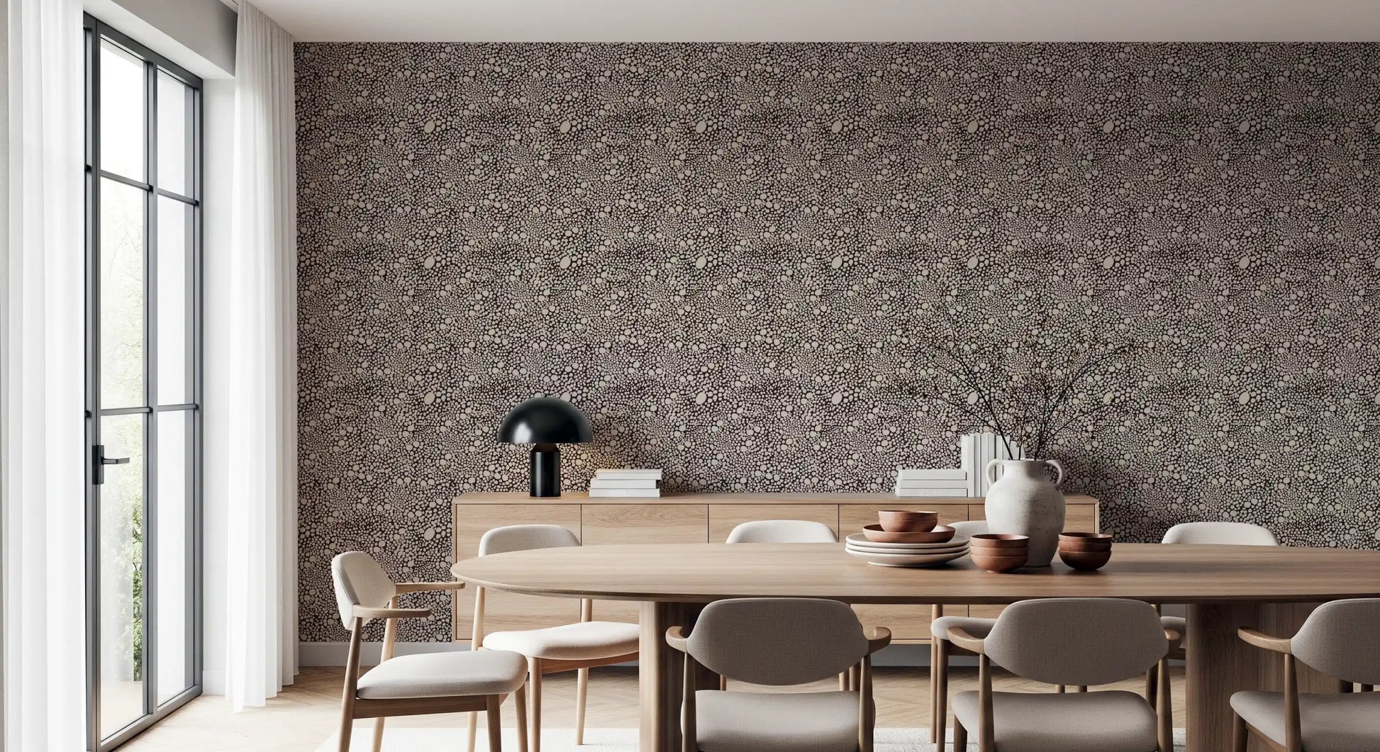 Organic dot clusters swirl and shift across this rustic textured wallpaper surface