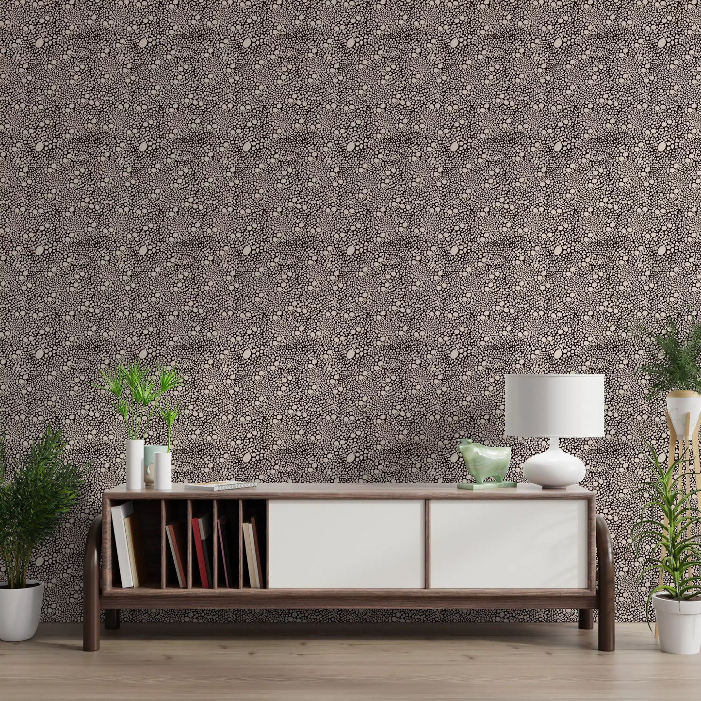 Rustic dotted wallpaper wrapping the hallway backdrops area in flowing organic clusters