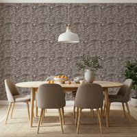Textured mosaic wallpaper set along the dining room in swirling espresso tones