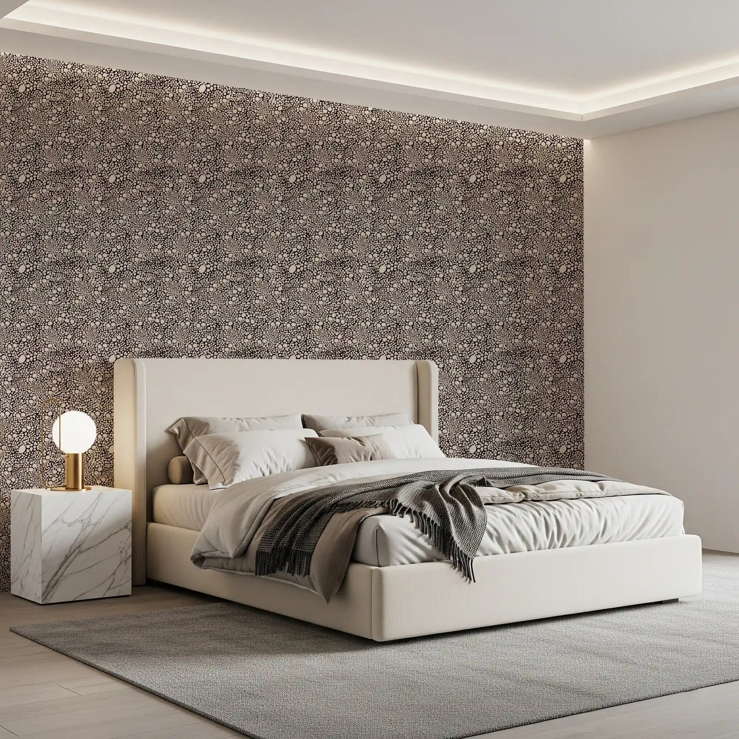 Varying dot sizes scatter in flowing formation on the dotted mosaic wallpaper field