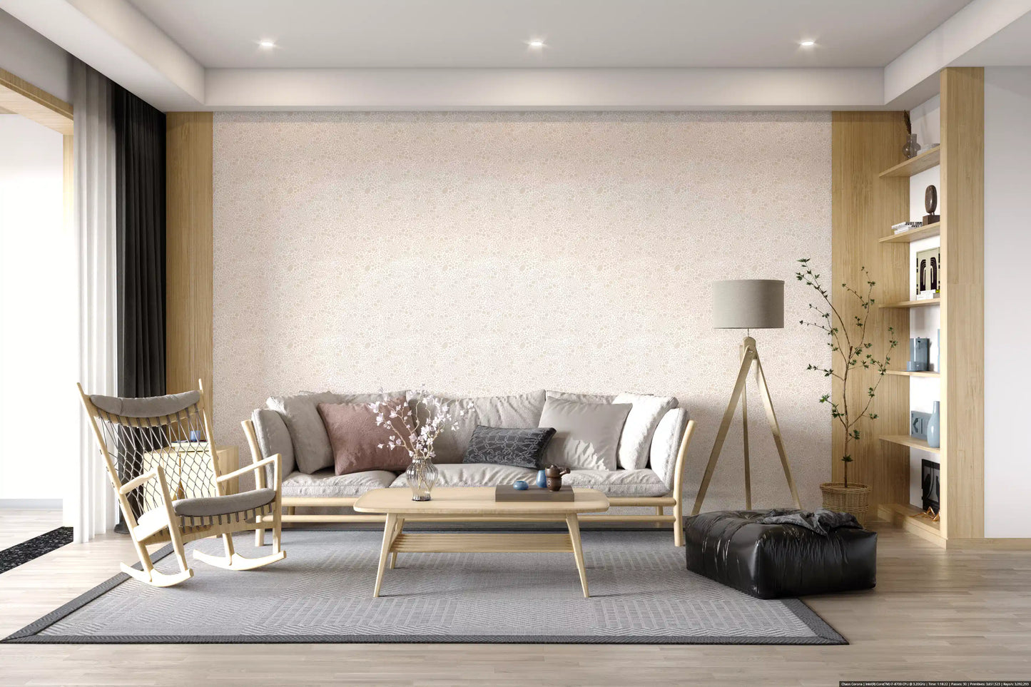 Light pebble cluster wallpaper in a bright, airy living room