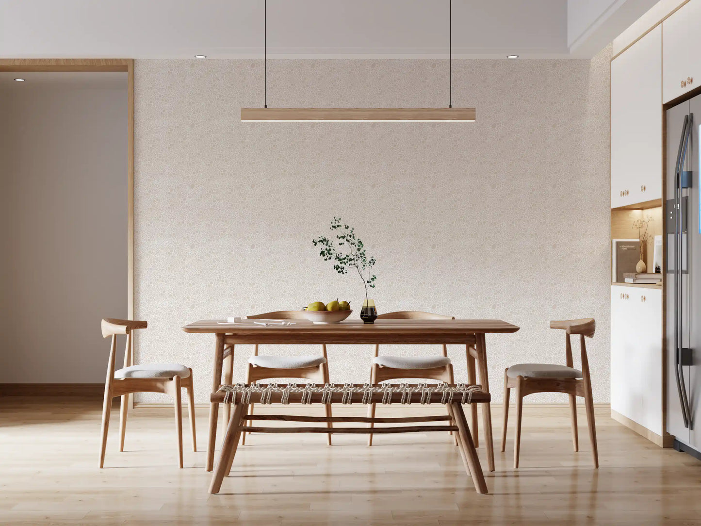 Organic dot pattern visible across the beige light abstract wallpaper surface