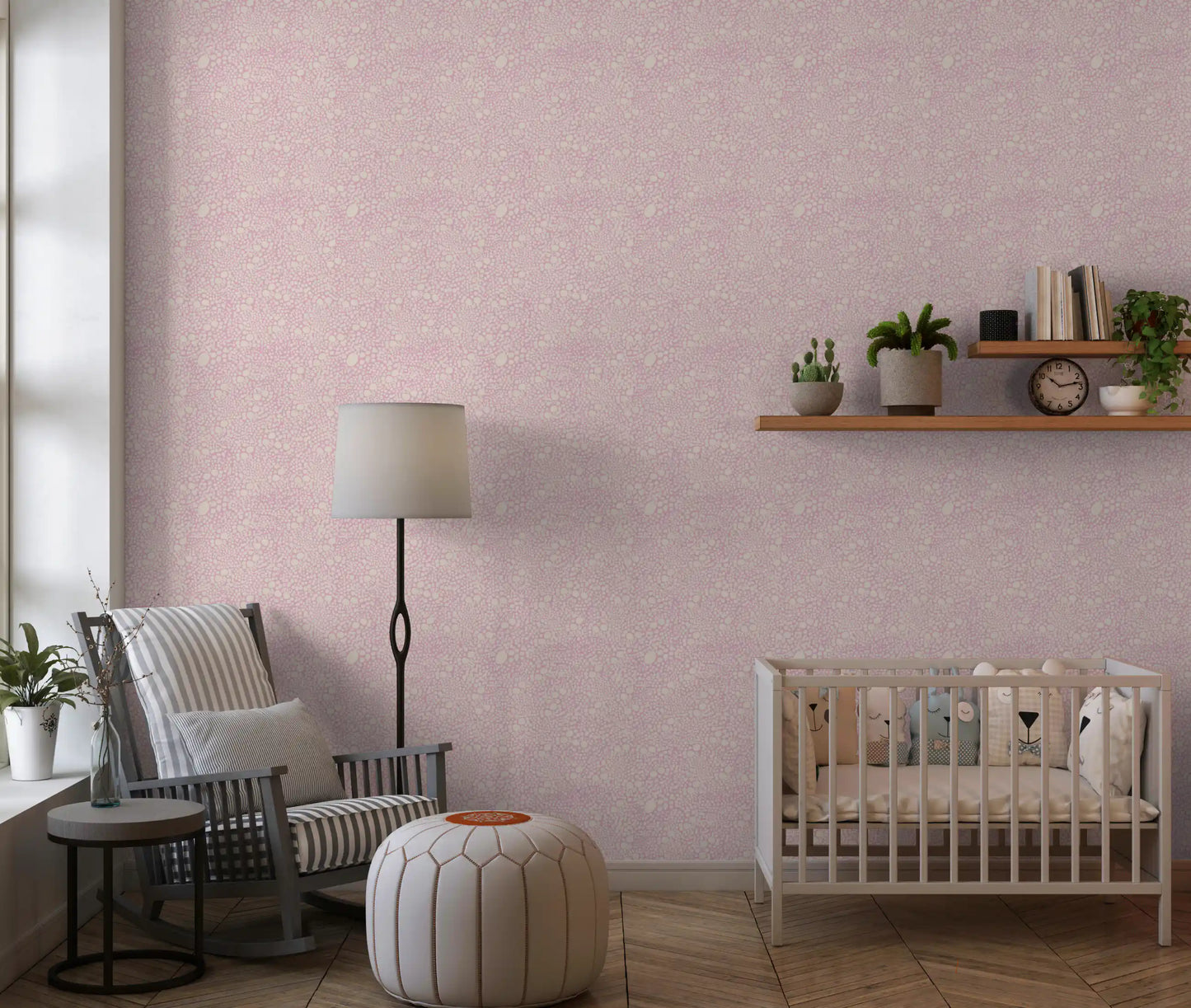 Blush Pebble Bloom wallpaper in a nursery with scattered cream dot texture