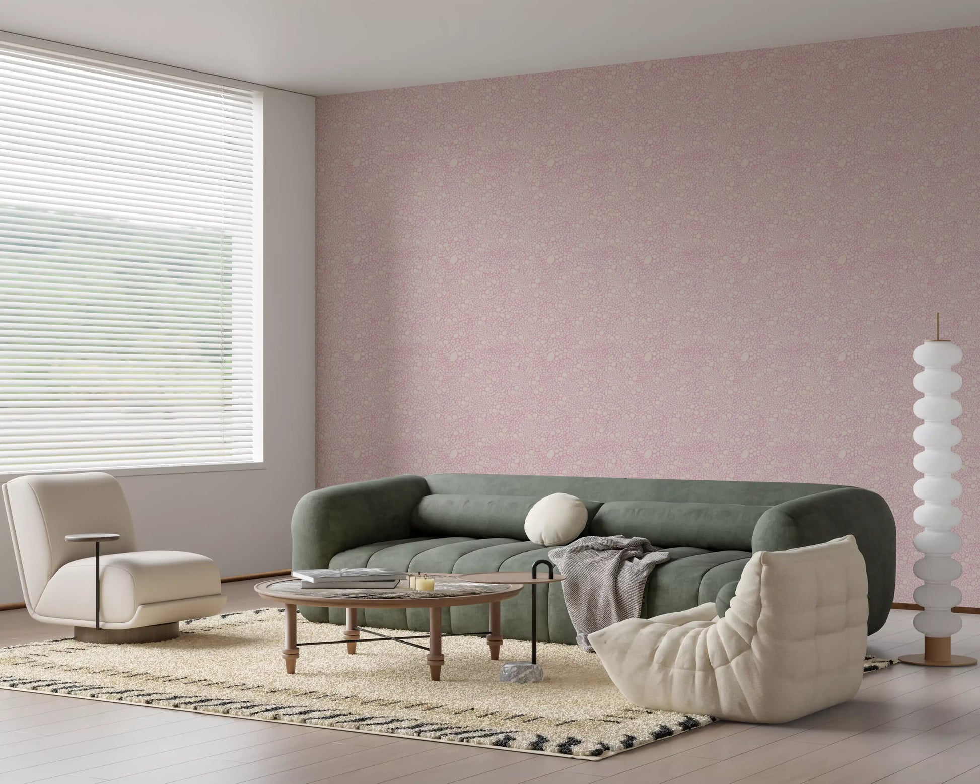Irregular dot variation across Pebble Bloom pink wallpaper in a matte ground