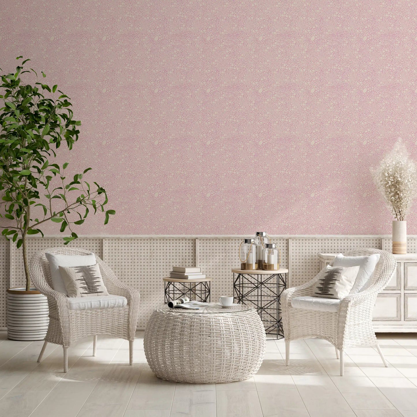 Blush Pebble Bloom wallpaper detail with scattered cream bubble clusters