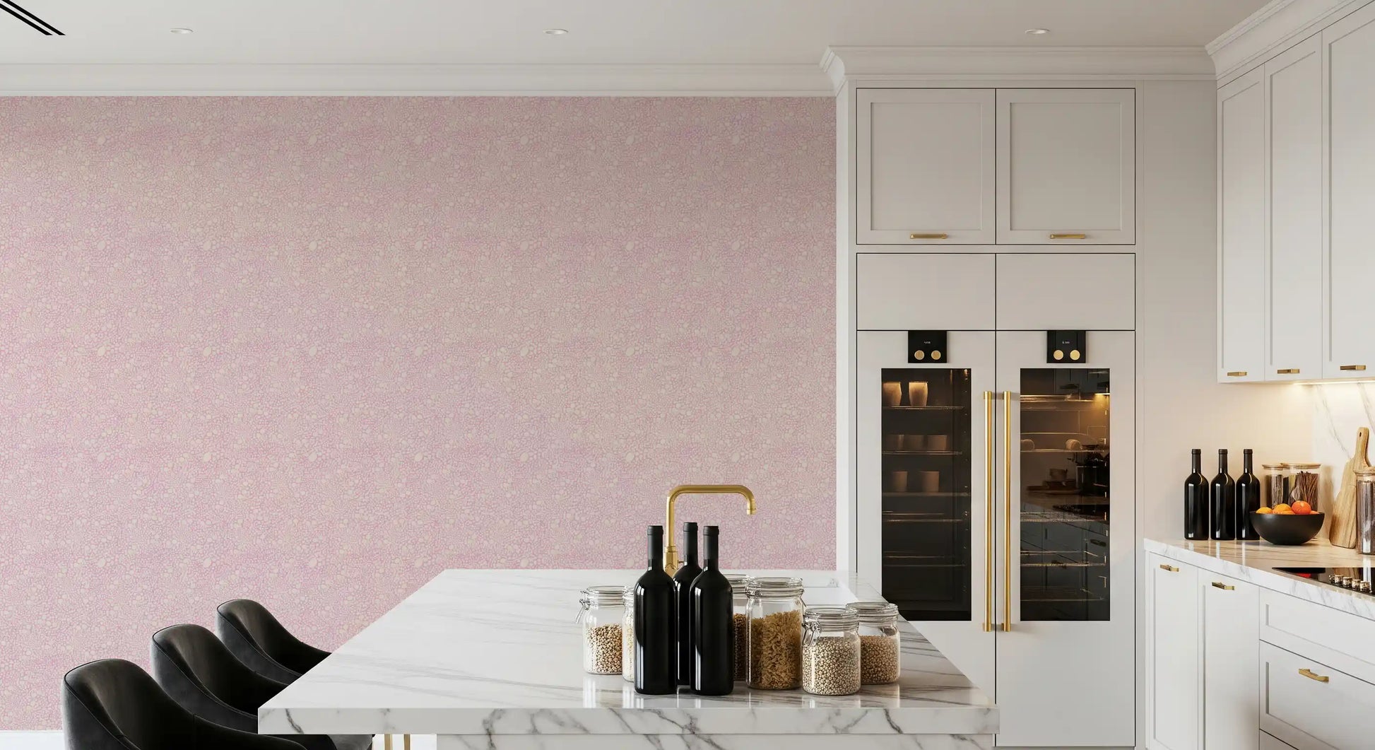 Warm cream dot clusters on Blush Pebble Bloom wallpaper behind a kitchen and dining room 