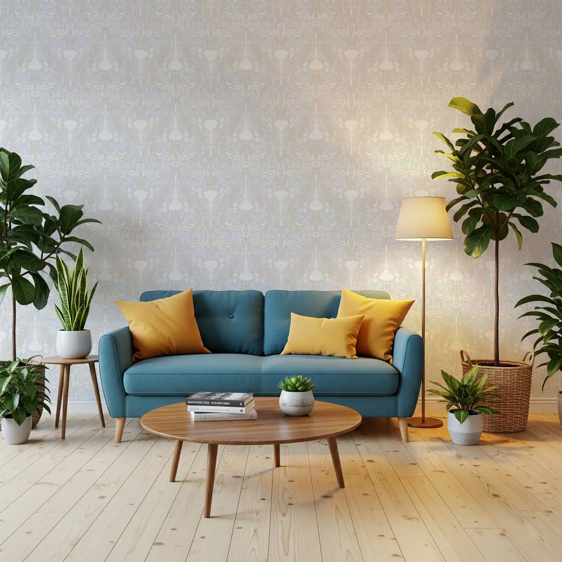 Full damask repeat of the Botanical Bloom wallpaper in pale neutral tones
