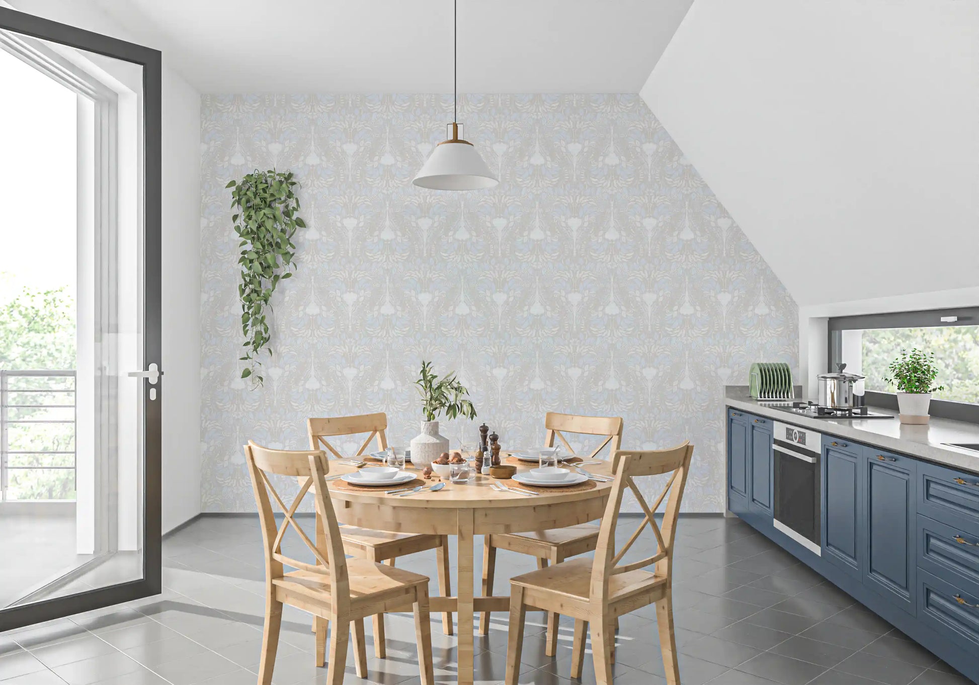 Pale damask wallpaper fitted across a dining room in soft neutral tones