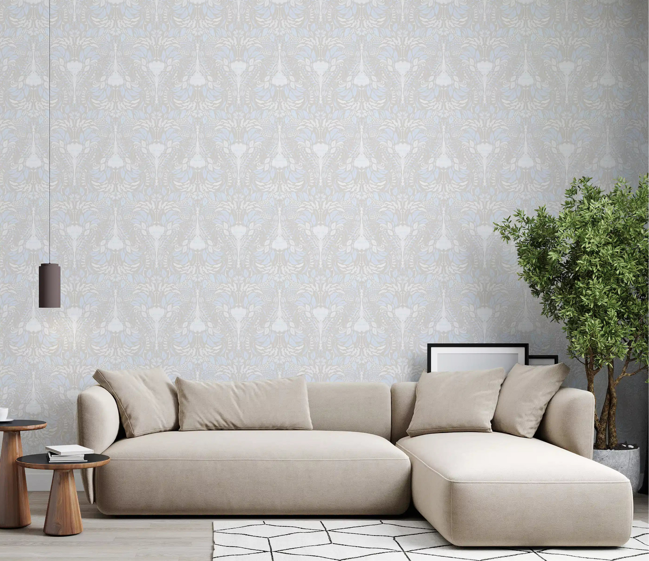 Botanical Bloom wallpaper on a living room feature in pale blue and beige