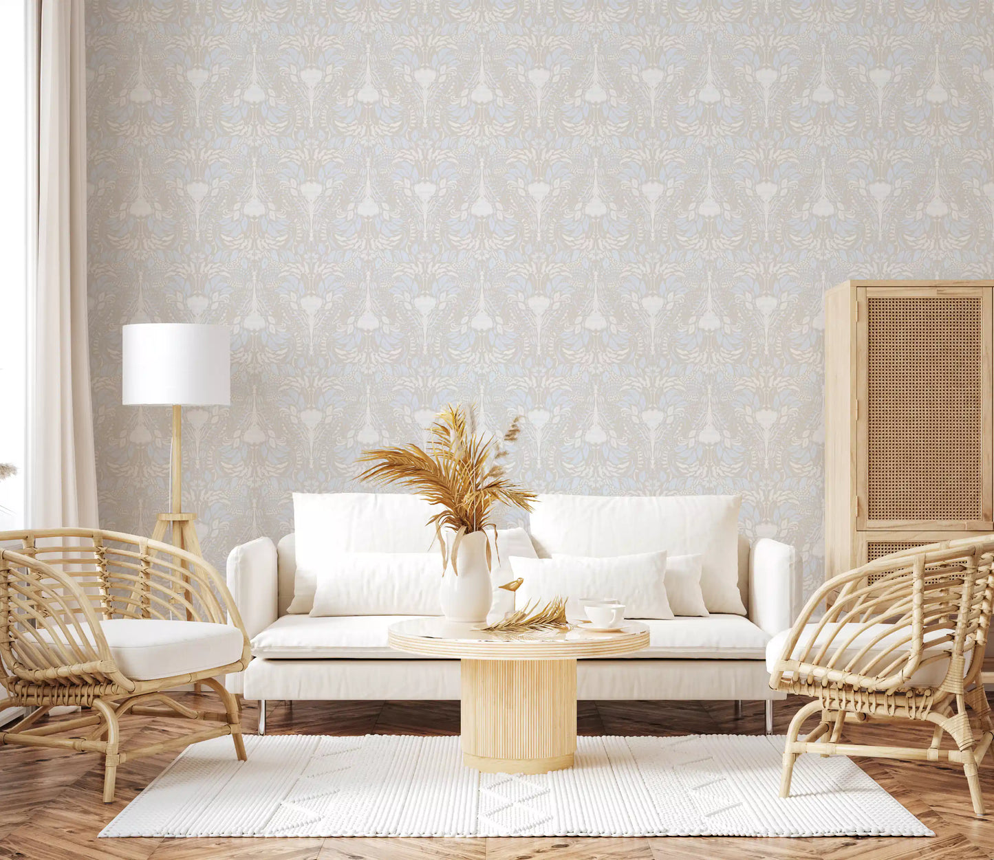 Cottagecore Pastel wallpaper covering a Scandinavian-style living room 