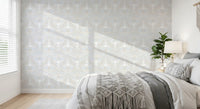 Serene Botanical wallpaper running behind a bedroom feature in whisper blue