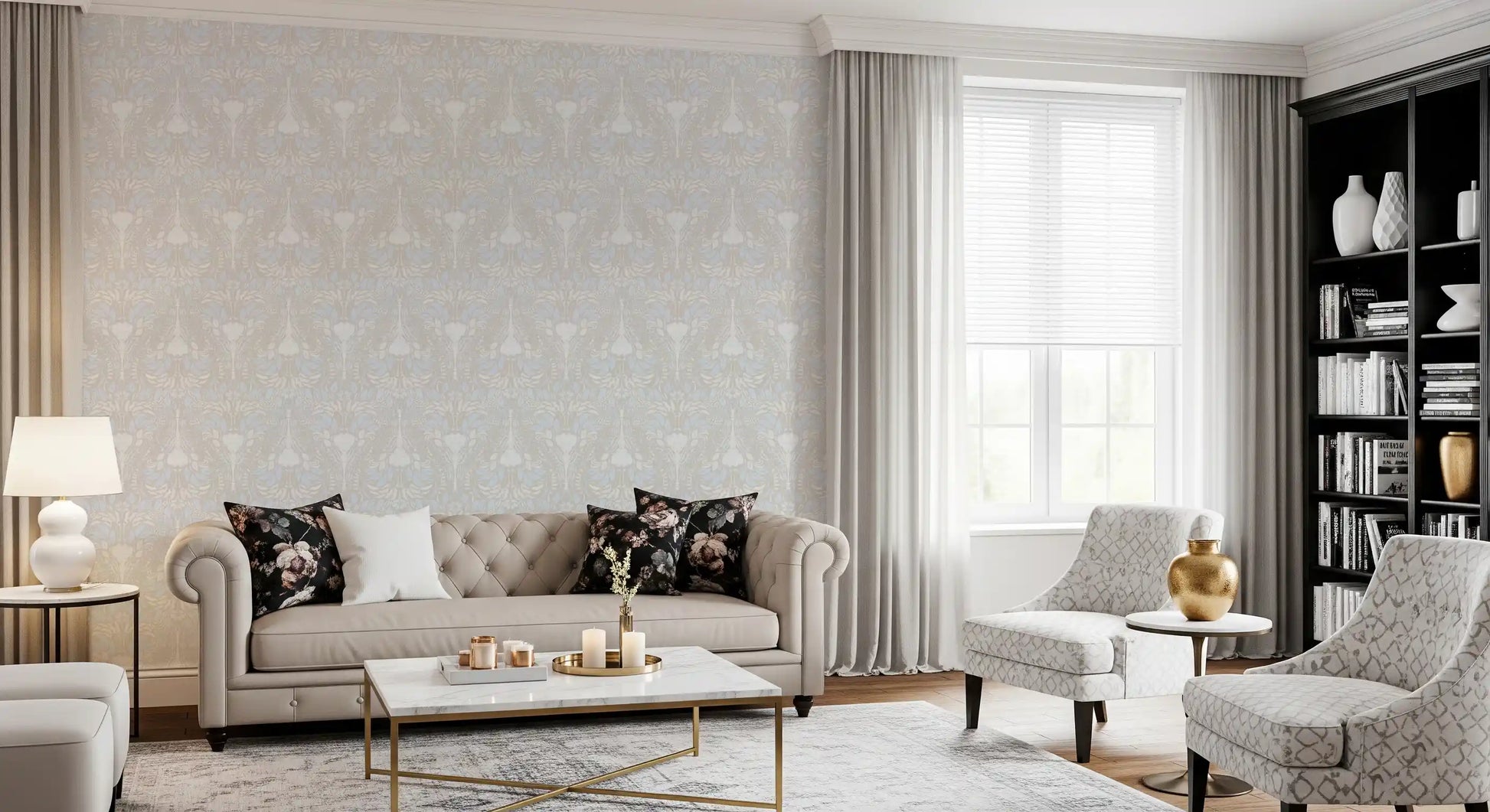 Bird and bloom motifs woven through the Cottagecore Pastel wallpaper surface