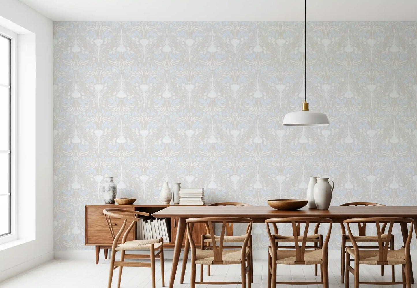 Sweeping leaf arches and seed heads on the Serene Botanical Pastel wallpaper