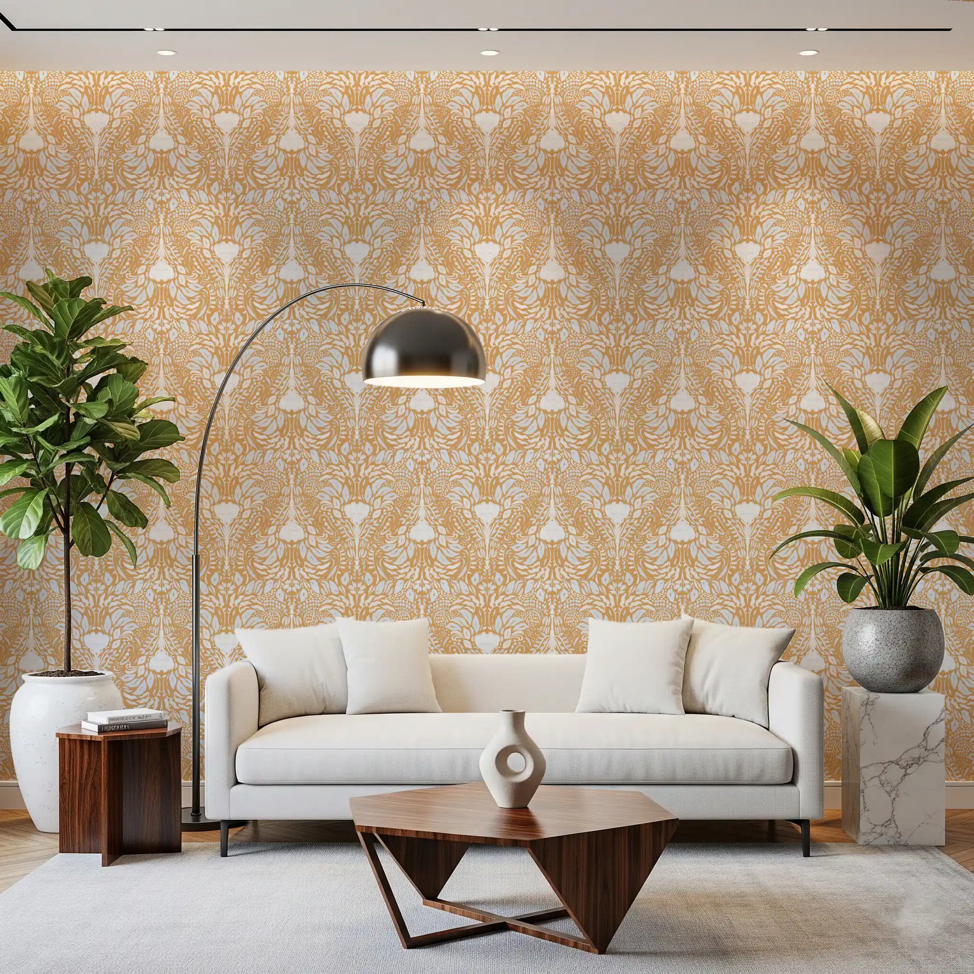 Botanical folk floral wallpaper set in a neutral sitting room